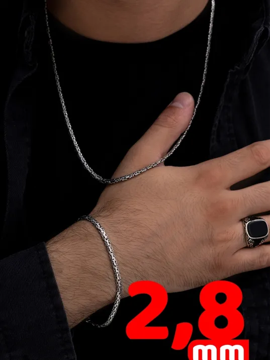 Erkek Gümüş Kolye Bileklik Set - Yassı Ezme Kral Gümüş Bileklik Set Erkek Gümüş Kolye Bileklik Set - Yassı Ezme Kral Gümüş Bileklik Set
