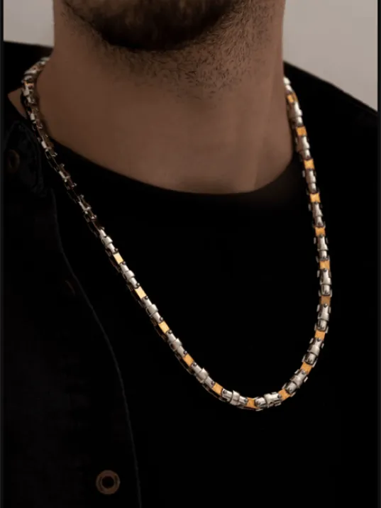 Erkek Gold Gri Boru Model Gerçek Çelik Kolye - 316 L Ithal Paslanmaz Dayanıklı Çelik Kolye