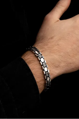Erkek Gümüş Bileklik - Petek Şeritli Etnik Model Gümüş Bileklik Künye