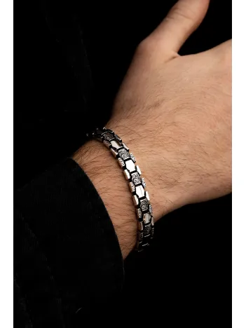 Erkek Gümüş Bileklik - Petek Şeritli Etnik Model Gümüş Bileklik Künye