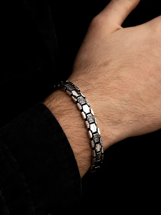 Erkek Gümüş Bileklik - Petek Şeritli Etnik Model Gümüş Bileklik Künye