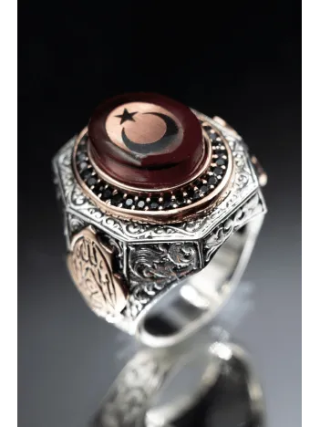 Kehribar Taşlı Ayyıldız Bayrak İşlemeli 925 Ayar Erkek Gümüş Yüzük