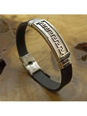 Gri Büyük Grek Desen Kauçuk Çelik Erkek Bileklik DBLGRIBGREK-SYH