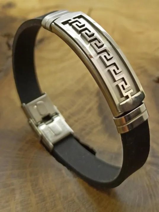 Gri Büyük Grek Desen Kauçuk Çelik Erkek Bileklik DBLGRIBGREK-SYH