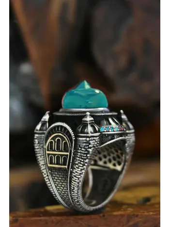 İslam Usta Tasarımı Mavi Al Kubbe Model Gümüş Erkek Yüzük GYZISLMSTM1-GMS