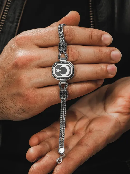 Erkek Gümüş Bileklik - Ay yıldız İşlemeli Tilkikuyruğu Zincirli 925 Ayar Erkek Bileklik