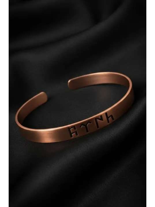 Erkek Bakır Bileklik - Göktürkçe Türk Yazılı Bakır Bileklik Metal Kutu Doğal Taş