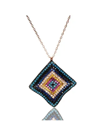 Kare Dalgalı Nazarlık Modeli Bayan Gümüş Kolye Büyük Boy