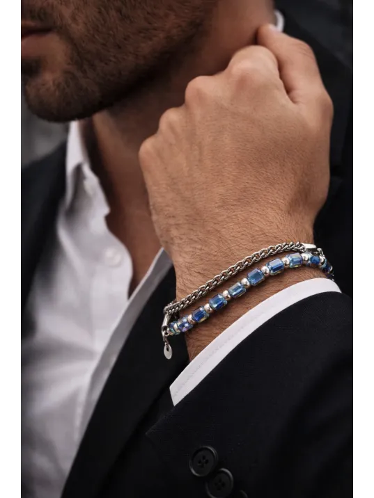 Erkek Çelik Bileklik - Çift Sıra Yuvarlak Kral Zincir Kristal Boncuk Çelik Bilezik