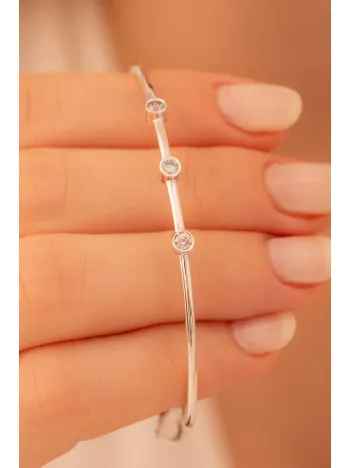 Kadın Gümüş Bileklik - Kadın Kelepçe - El Yapımı Gümüş 3 Sıra Zirkon Taşlı Zarif Kadın Bileklik