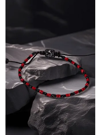 Erkek Siyah Kırmızı Doğal Taş Bileklik – Ayarlanabilir Örgü İp Tasarım – Minimal Tarz