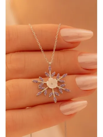 Kadın Gümüş Kolye - Sevgililer Günü - Hediye - Manolya Çiçeği Mor Zirkon Taşlı Kadın Kolye