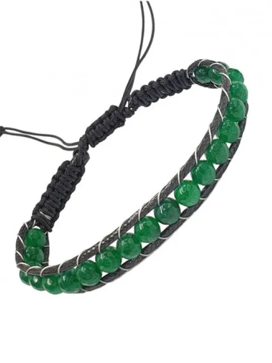 Koyu Yeşil Akik Doğaltaş Makrome Bileklik