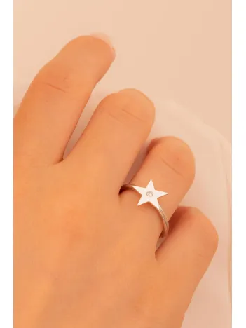 Kadın Gümüş Yüzük - El İşçiliği Yıldız Motifli Zirkon Taşlı Kadın Yüzük