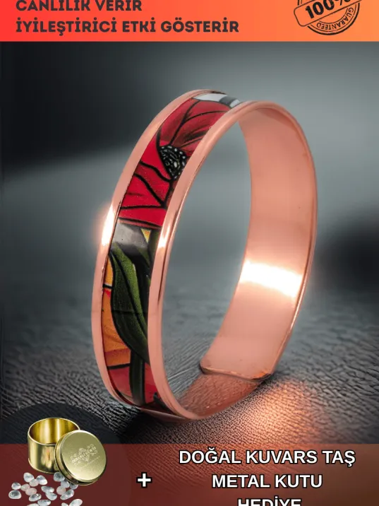 Kadın Bakır Bileklik - Chlara Model Özel Baskı Metal Kutu Ve Doğal Taşlar