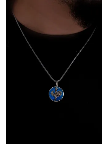 Erkek Gümüş Kolye - Vav Elif Yazılı Mavi Renkli Gümüş Kolye