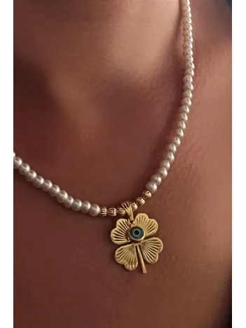 Gold Kaplama Altın Renk İnci Taşlı Nazar Boncuklu Yonca Bijuteri Zincirli Kolye