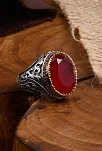 Yakut Garnet Taşlı Yanı Zirkon Taşlı Desenli Erkek Gümüş Yüzük