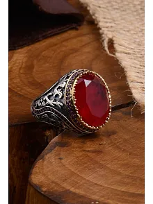 Yakut Garnet Taşlı Yanı Zirkon Taşlı Desenli Erkek Gümüş Yüzük
