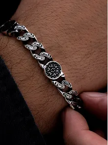 Erkek Gümüş Bileklik - Mavi Zirkon Taşlı Geometrik Şekilli Oksitli Gurmet Model 1 Gümüş Bileklik