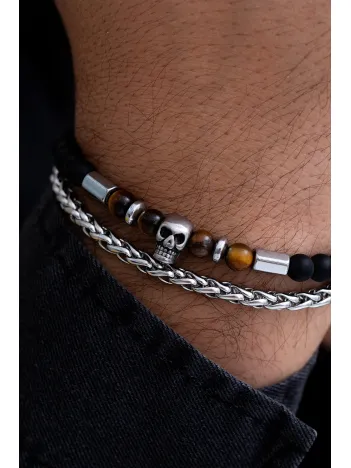 Erkek Çelik Bileklik - Kurukafa Motifli Boncuklu Çelik Bileklik