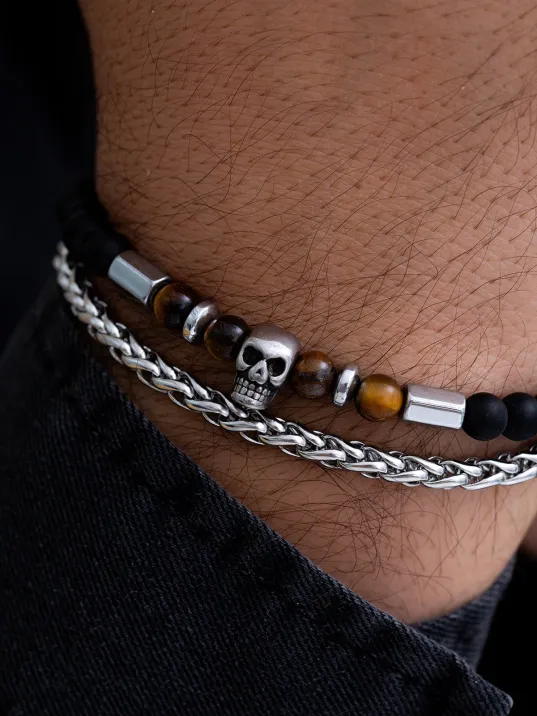 Erkek Çelik Bileklik - Kurukafa Motifli Boncuklu Çelik Bileklik