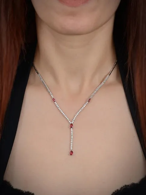 Leyan Bayan Yakut Taşlı Gümüş Su Yolu Set - Kolye, Bileklik, Küpe, Yüzük