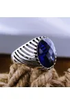 Lacivert Safir Kristal Kesim Taşlı Simetrik Model Özel Seri Erkek Gümüş Yüzük