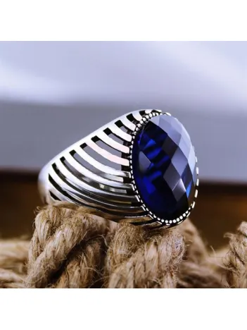 Lacivert Safir Kristal Kesim Taşlı Simetrik Model Özel Seri Erkek Gümüş Yüzük