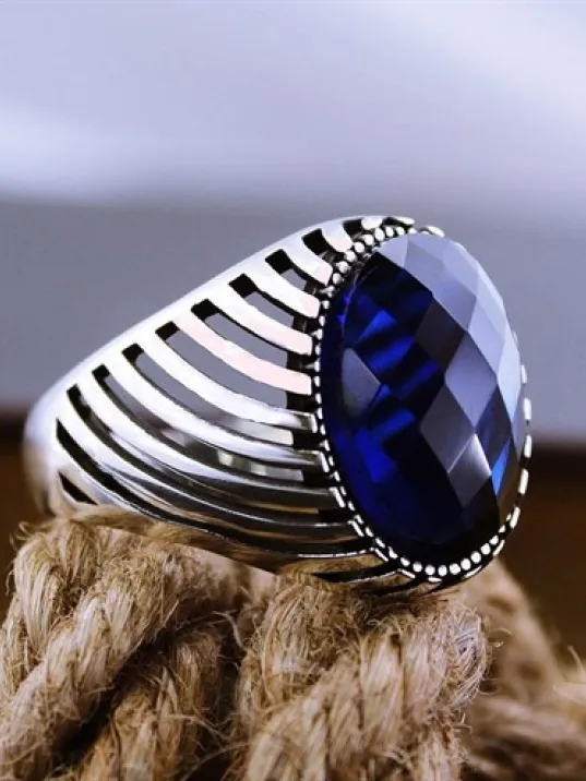 Lacivert Safir Kristal Kesim Taşlı Simetrik Model Özel Seri Erkek Gümüş Yüzük