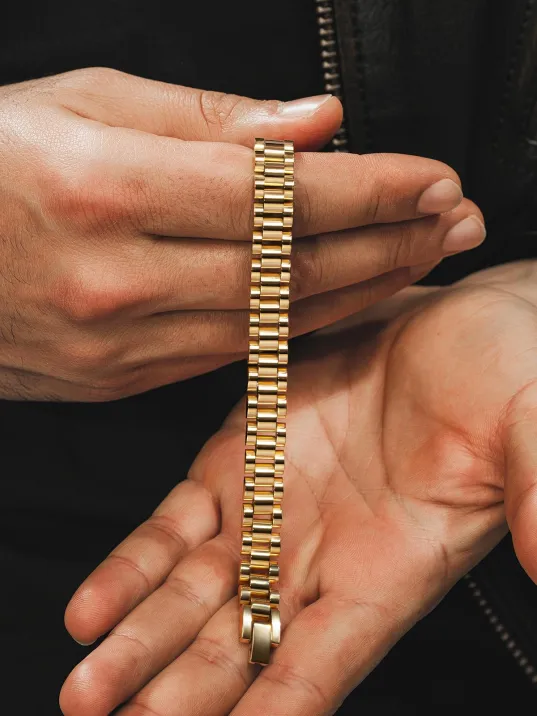 Erkek Çelik Bileklik - Saat Kordonu Stil 18 Ayar Gerçek Altın Kaplama Erkek Bileklik