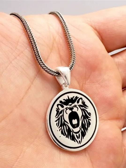 Aslan Figürlü Erkek Gümüş Kolye Zincir