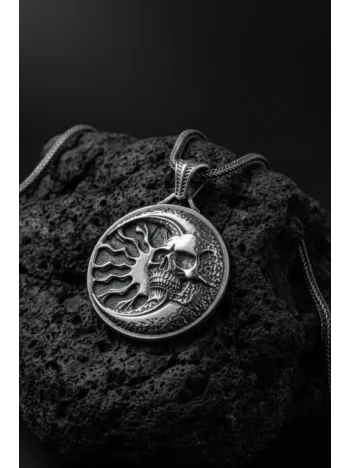 Erkek Gümüş Kolye - 925 Ayar Kabartmalı Güneş Ay ve İskelet Motif Tilki Kuyruğu Zincirli Erkek Kolye