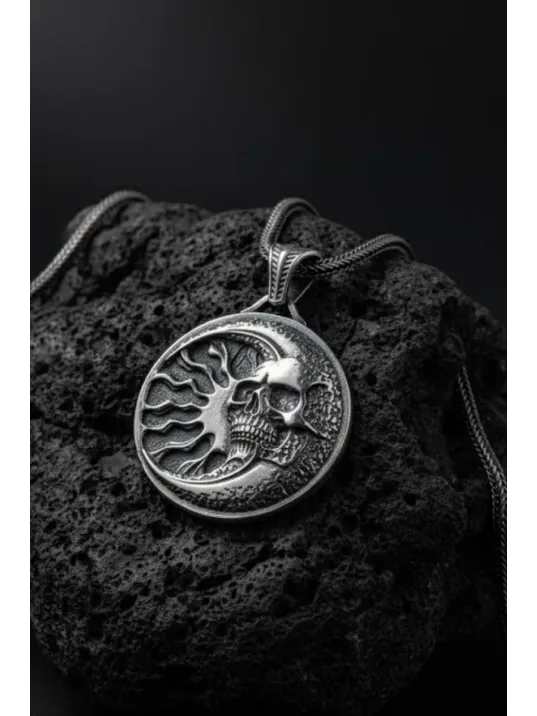 Erkek Gümüş Kolye - 925 Ayar Kabartmalı Güneş Ay ve İskelet Motif Tilki Kuyruğu Zincirli Erkek Kolye