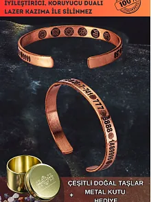 Erkek Kadın Bakır Bileklik - Içi Zırh Ve Koruma Dualı Sayı Sekansları Para Sağlık Metal Kutu Taş