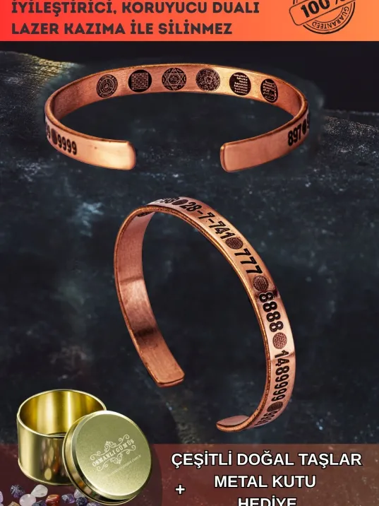 Erkek Kadın Bakır Bileklik - Içi Zırh Ve Koruma Dualı Sayı Sekansları Para Sağlık Metal Kutu Taş