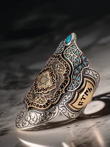 Erkek Süleyman Mührü Turkuaz Ve Siyah Zirkon Taşlı Süslemeli 925 Ayar Gümüş Yüzük Zihgir Model