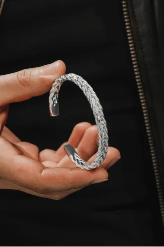 Pırlanta Model Zirkon Taşlı El Yapımı Erkek Gümüş Kelepçe Bileklik
