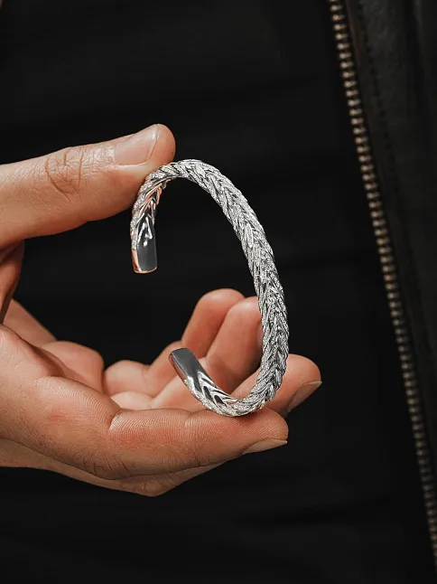 Pırlanta Model Zirkon Taşlı El Yapımı Erkek Gümüş Kelepçe Bileklik