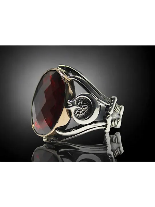 Erkek Gümüş Yüzük - Zülfikar ve Ay yıldız Motifli Kırmızı Zirkon Taşlı Gümüş Yüzük