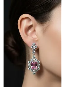 Kadın Gümüş Küpe - Bella Model Kare Pembe Zirkon Taşlı Küpe