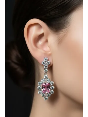 Kadın Gümüş Küpe - Bella Model Kare Pembe Zirkon Taşlı Küpe