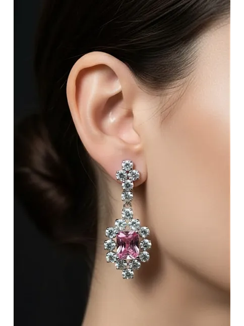 Kadın Gümüş Küpe - Bella Model Kare Pembe Zirkon Taşlı Küpe
