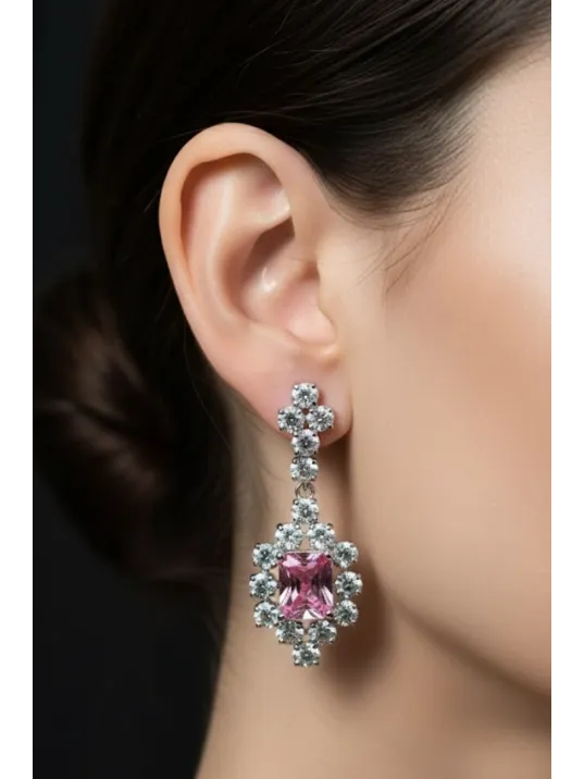 Kadın Gümüş Küpe - Bella Model Kare Pembe Zirkon Taşlı Küpe