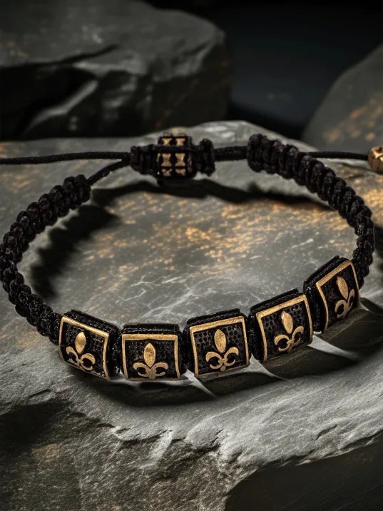 Fleur-de-Lis Zambak Figürlü Altın Detay Erkek Bileklik – Siyah Makrome, Kare Boncuklu Fleur-de-Lis Zambak Figürlü Altın Detay Erkek Bileklik – Siyah Makrome, Kare Boncuklu