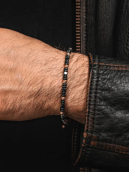 Kadın Erkek Gümüş Bileklik - Hematit Taşlı Gümüş Detaylı İnce Kibar Erkek Kadın Bileklik