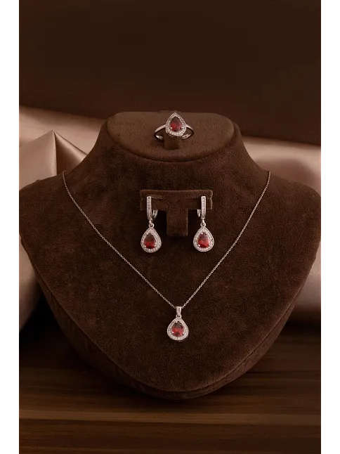 Kadın Gümüş Set - Mekik Model Yakut Taşlı Zirkon Süslemeli Rodyumlu Kadın Set
