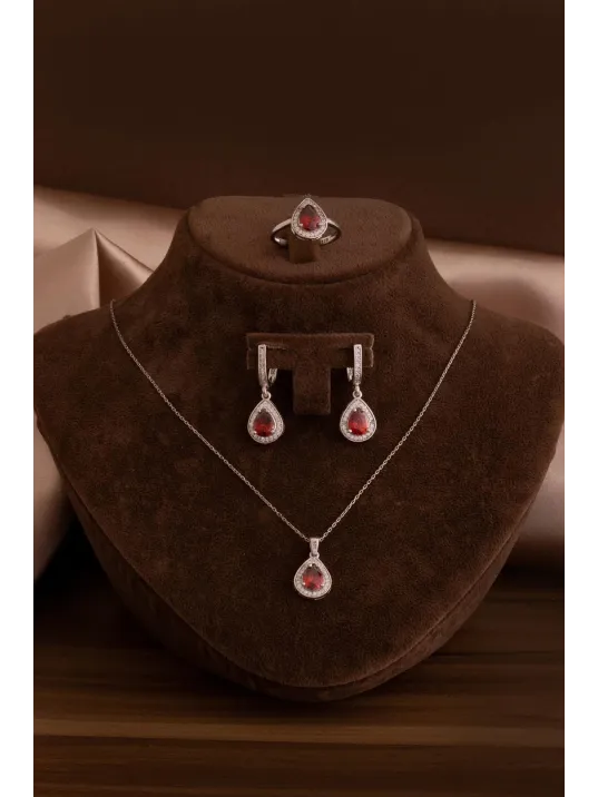 Kadın Gümüş Set - Mekik Model Yakut Taşlı Zirkon Süslemeli Rodyumlu Kadın Set Kadın Gümüş Set - Mekik Model Yakut Taşlı Zirkon Süslemeli Rodyumlu Kadın Set