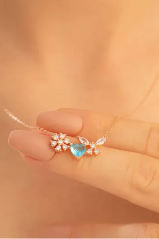 Kadın Gümüş Kolye - Rose Altın Kaplama Zirkon Taşlı Kalp Motifli Gümüş Kolye