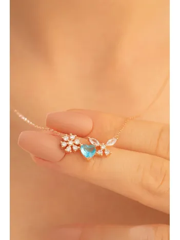 Kadın Gümüş Kolye - Rose Altın Kaplama Zirkon Taşlı Kalp Motifli Gümüş Kolye